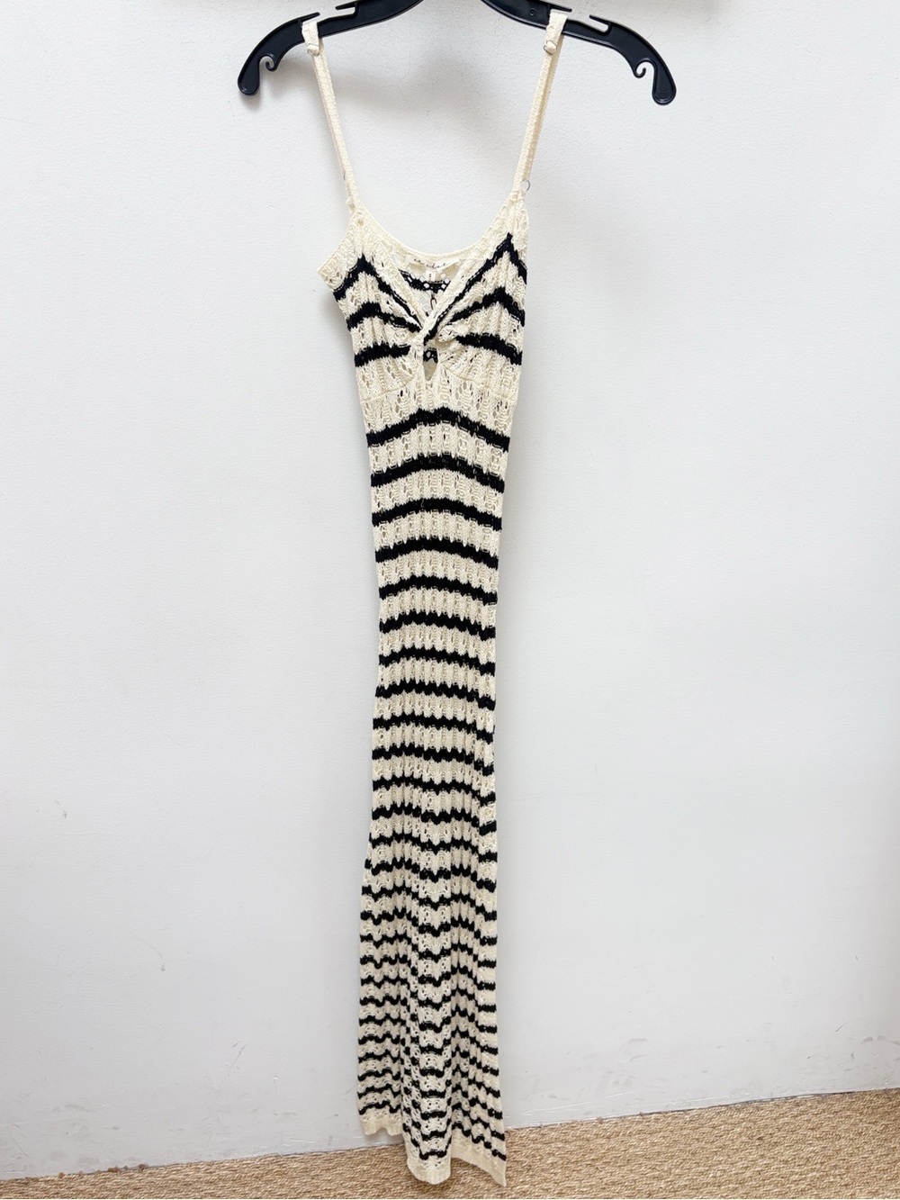 Et Clet Cream & Black Striped Crochet Maxi Tank Dress w Chest Twist Cutout